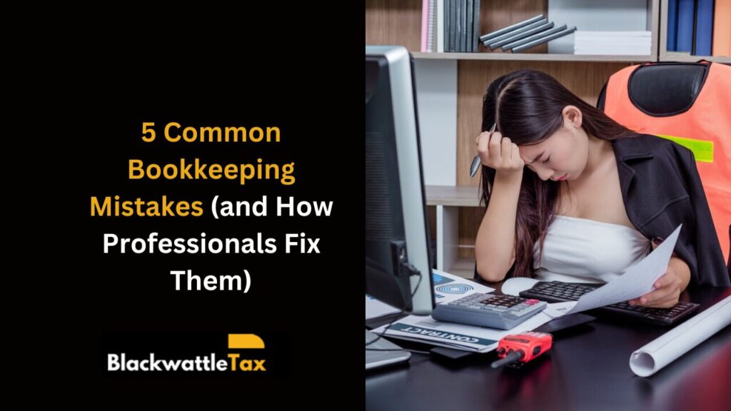 Professional bookkeeper reviewing financial documents to correct common bookkeeping errors